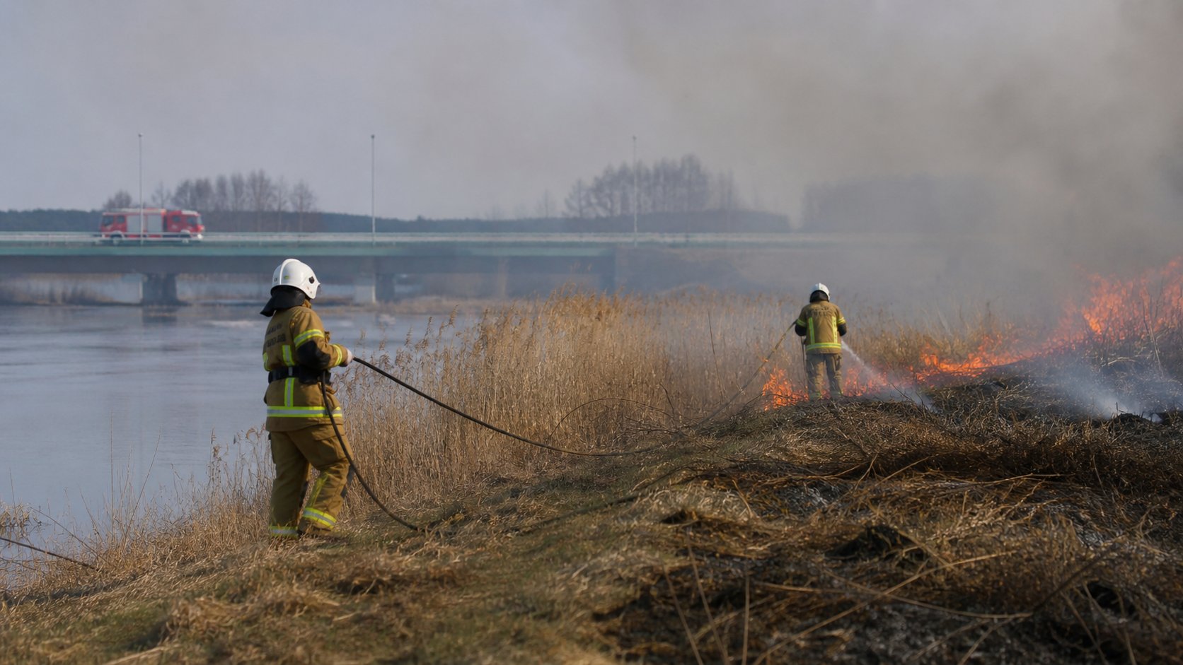 Pożar traw nad Narwią między Jednaczewem a Pęzą